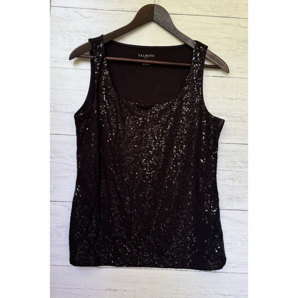 TALBOTS Sequin Tank Top Shell Sleeveless Black Shiny Lined Women's Small